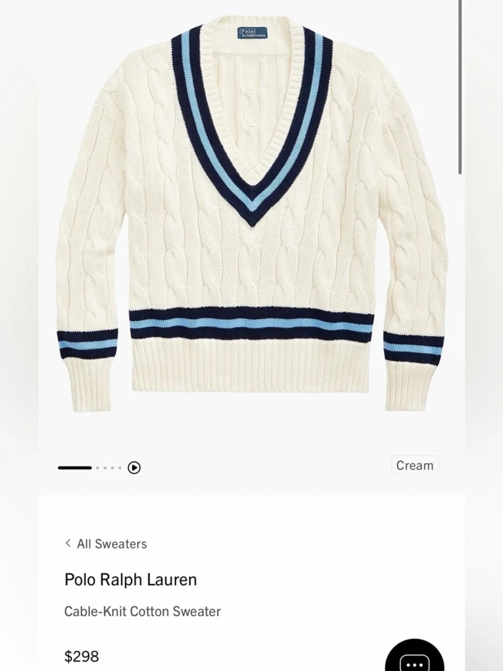 Polo by Ralph Lauren Cream Cable-Knit V-Neck Sweater with Blue Stripes - Picture 1 of 5